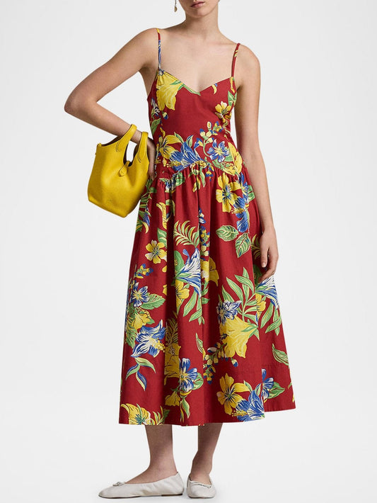 Tropical-Floral Print Fit and Flare Midi Dress - Dresses
