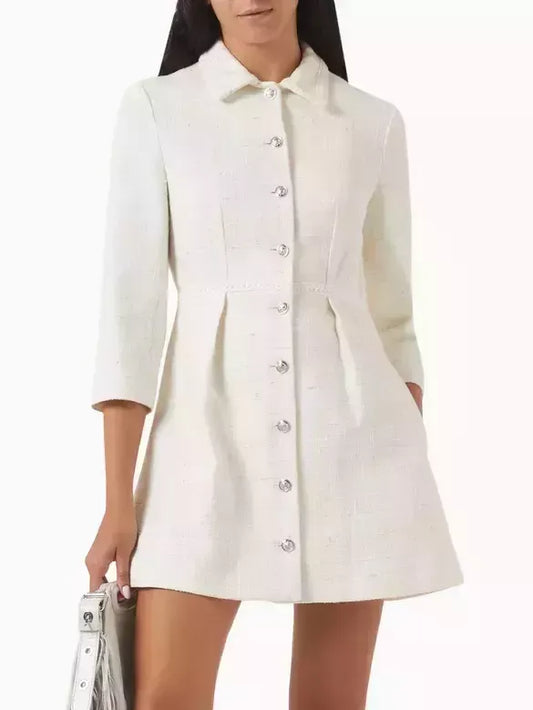 Tweed White Button-Down Mini Dress - Dresses