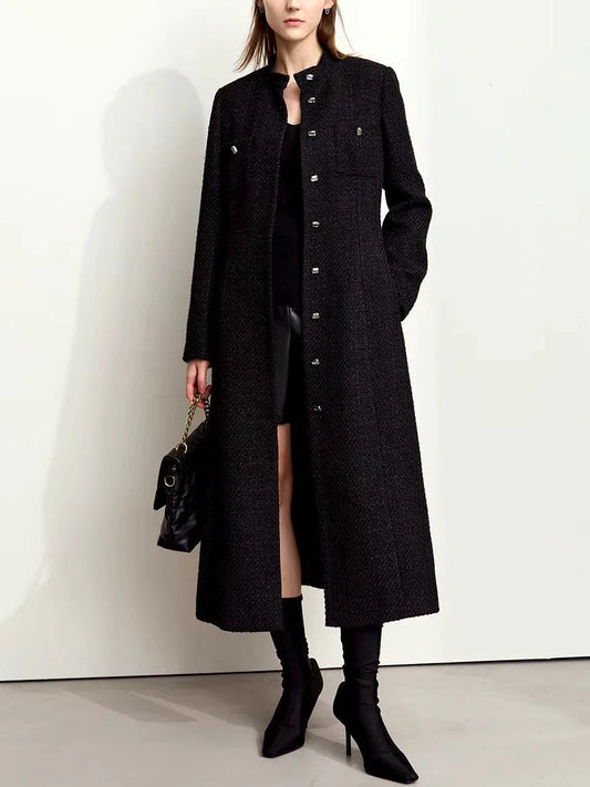 Tweed Wool-Blend Long Cardigan Coat in Black - Coats