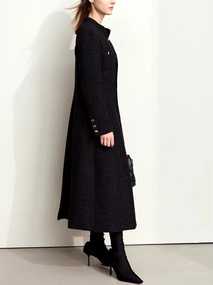 Tweed Wool-Blend Long Cardigan Coat in Black - Coats