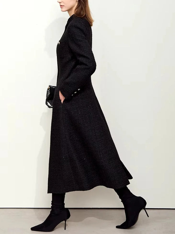 Tweed Wool-Blend Long Cardigan Coat in Black - Coats