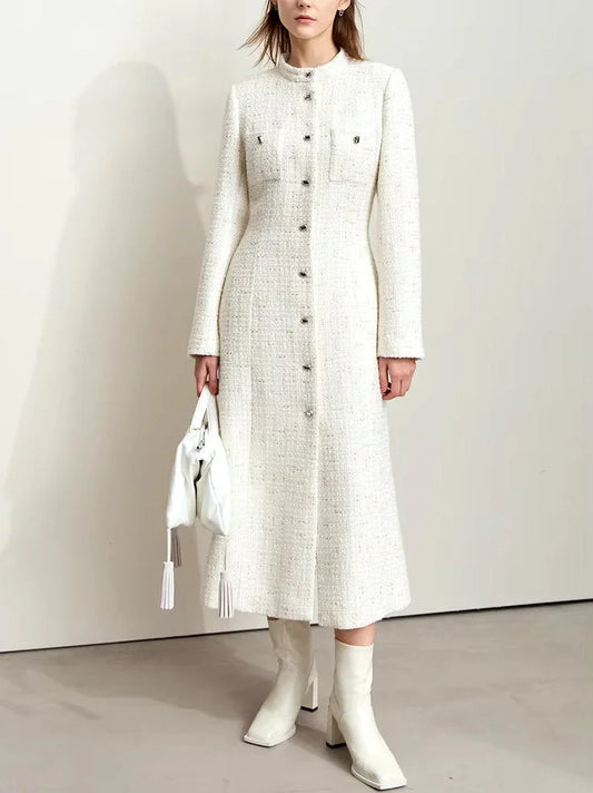 Tweed Wool-Blend Long Cardigan Coat in Ecru - Coats