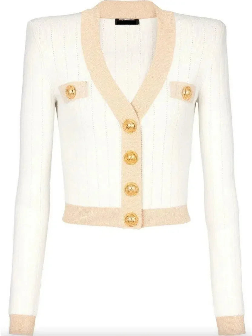 Two-Tone Buttoned Cardigan Sweater in White - Sweaters & Knitwear