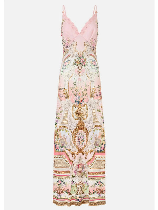 V-Neck Printed Pink Linen Slip Dress - Dresses