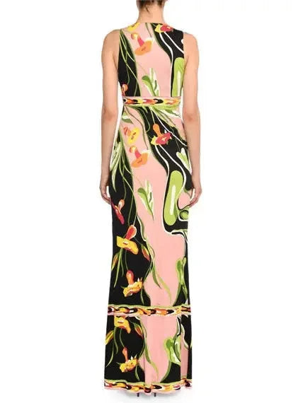 V-Neck Sleeveless Border Water Lily Print A-Line Dress - Dresses