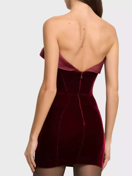 Velvet Fold-Over Satin-Trim Mini Dress in Red - Dresses