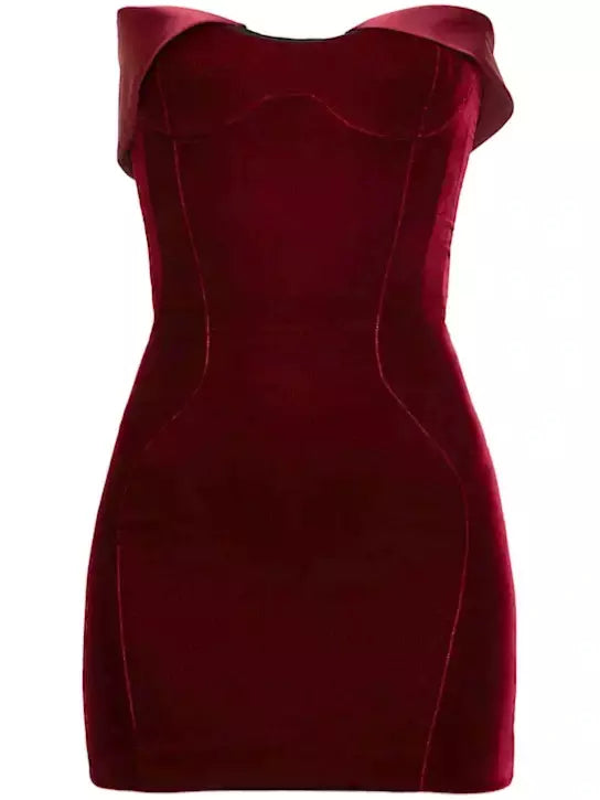 Velvet Fold-Over Satin-Trim Mini Dress in Red - Dresses