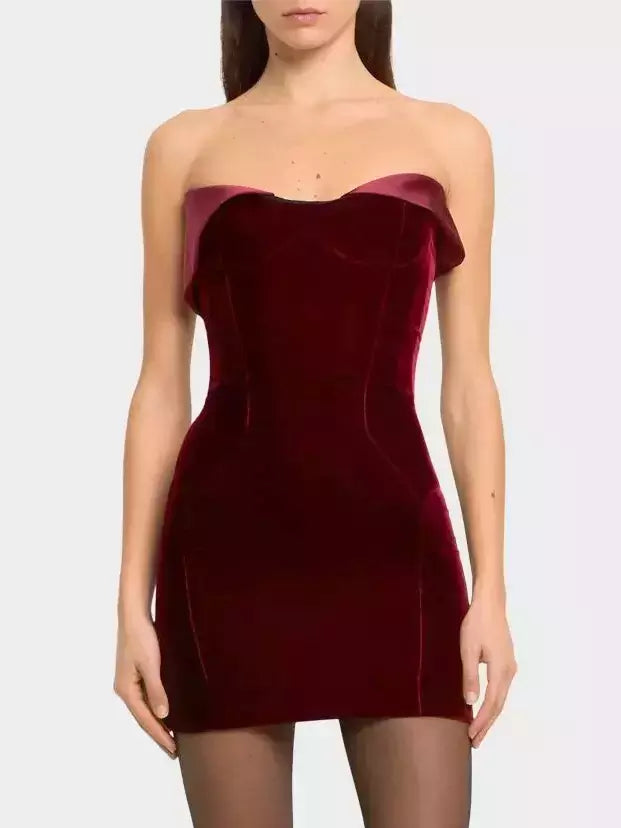Velvet Fold-Over Satin-Trim Mini Dress in Red - Dresses