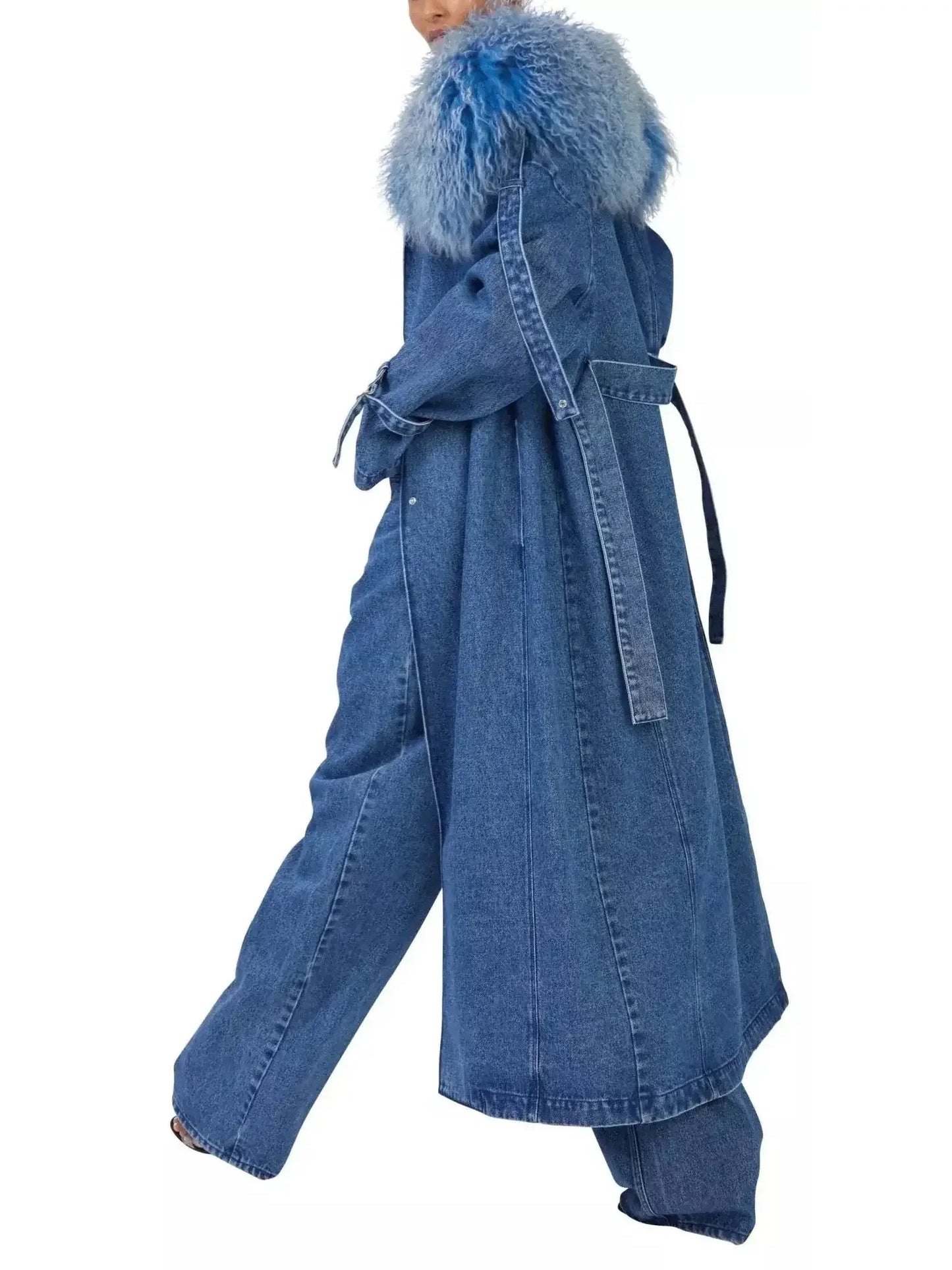 Vintage Denim Relaxed Trench Coat With Shearling Blue - Coats