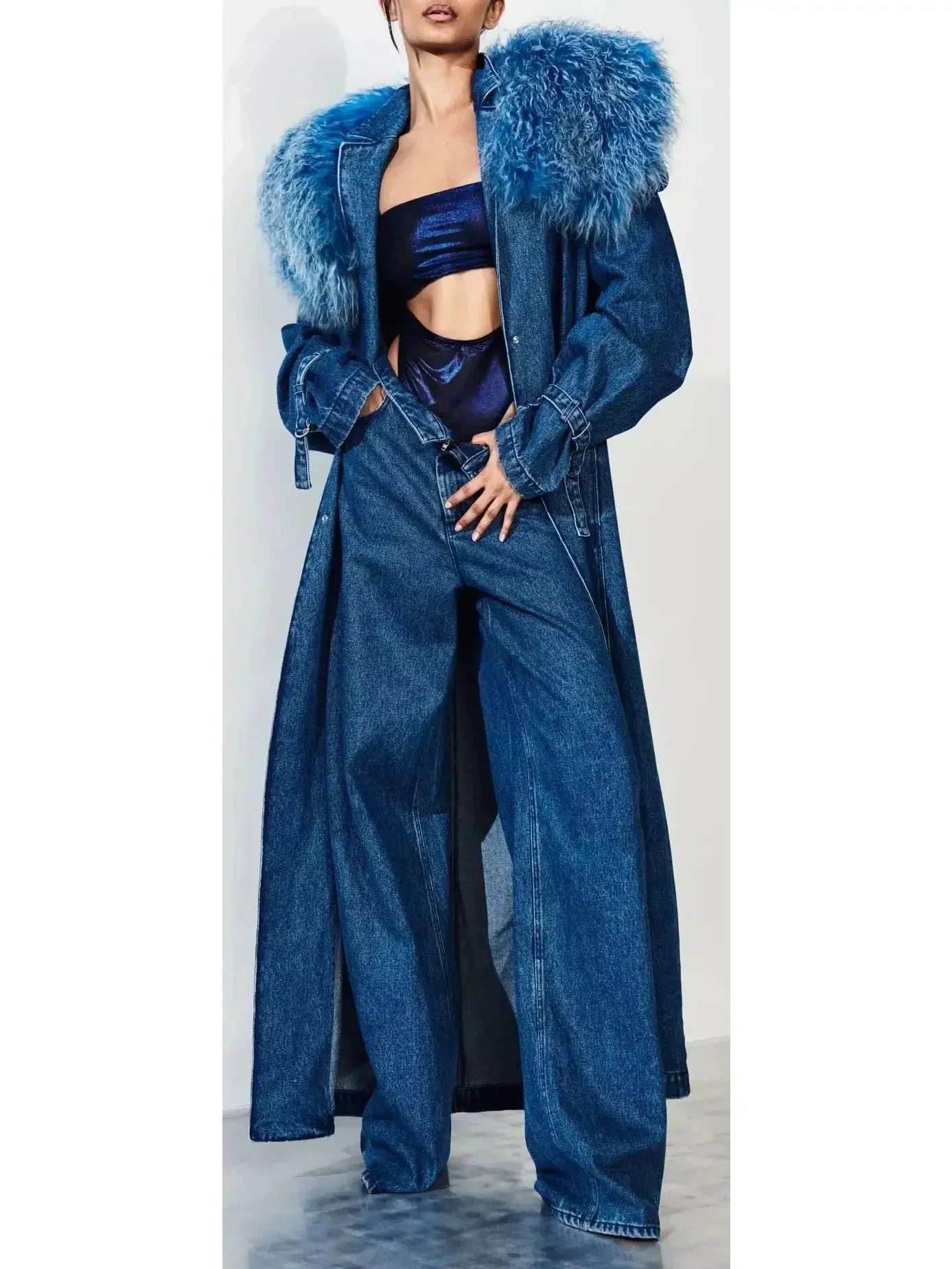 Vintage Denim Relaxed Trench Coat With Shearling Blue - Coats