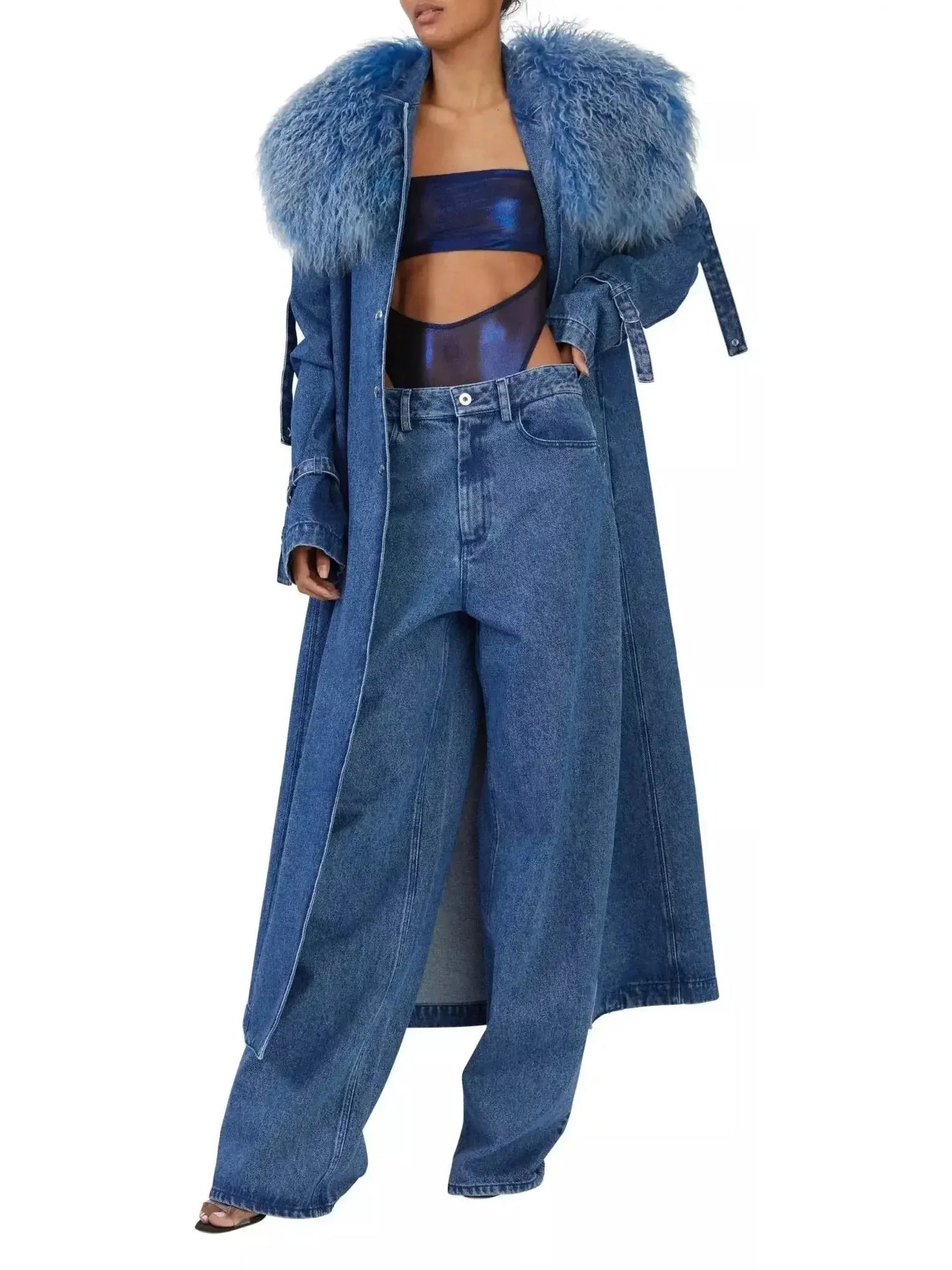 Vintage Denim Relaxed Trench Coat With Shearling Blue - Coats
