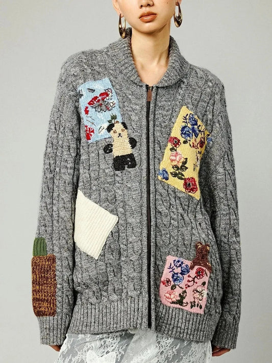 Vintage Patch Cable Knit Zip Cardigan - Sweaters & Knitwear