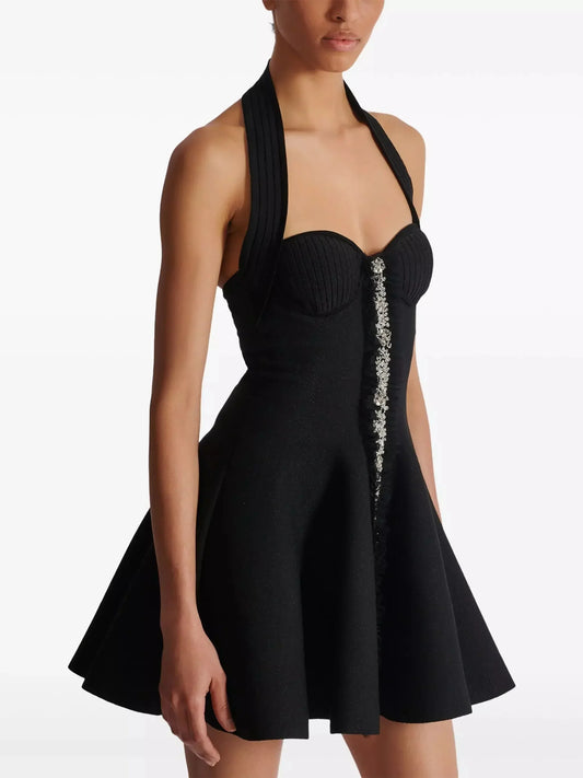 women’s Bead-Embellished Halterneck Knit Skater Dress - Dresses