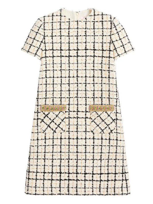 Wool-Blend Embellished-Pocket Tweed Mini Dress featuring stylish embellished pockets