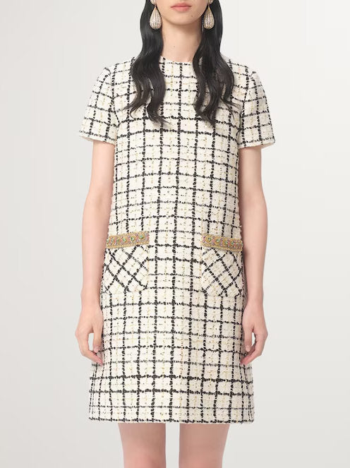 Wool-Blend Embellished-Pocket Tweed Mini Dress with decorative pockets and stylish design