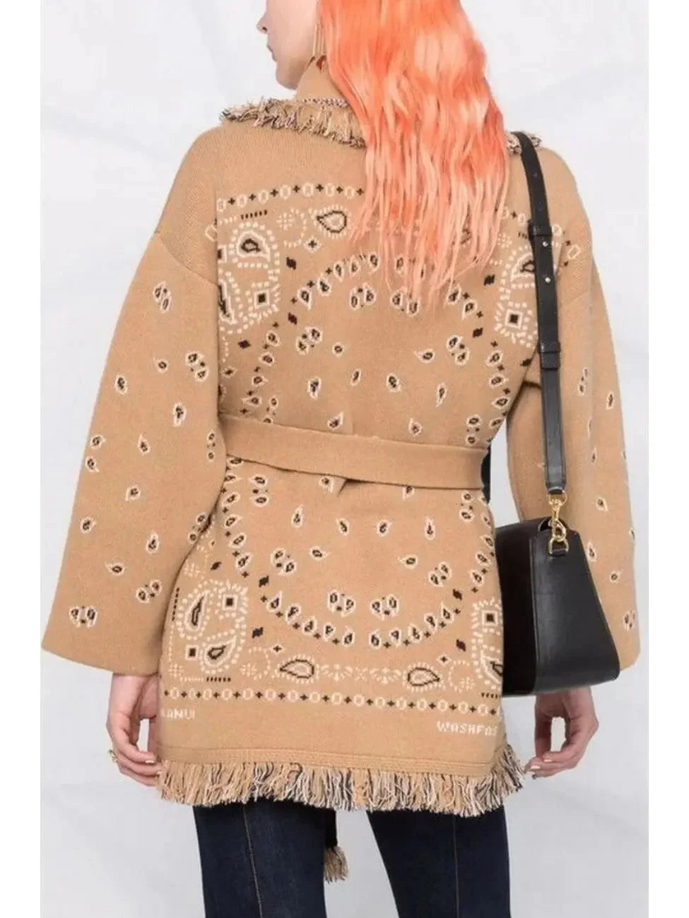 Wool Fringed Bandana Print Cardigan Camel - Sweaters & Knitwear