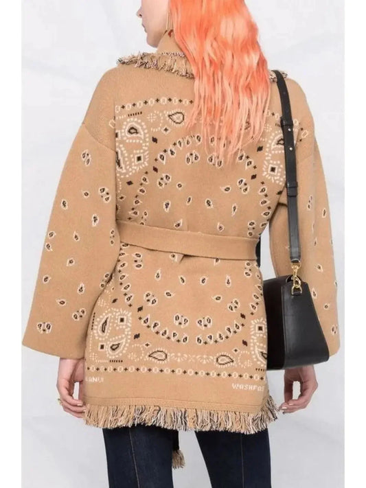 Wool Fringed Bandana Print Cardigan Camel - Sweaters & Knitwear