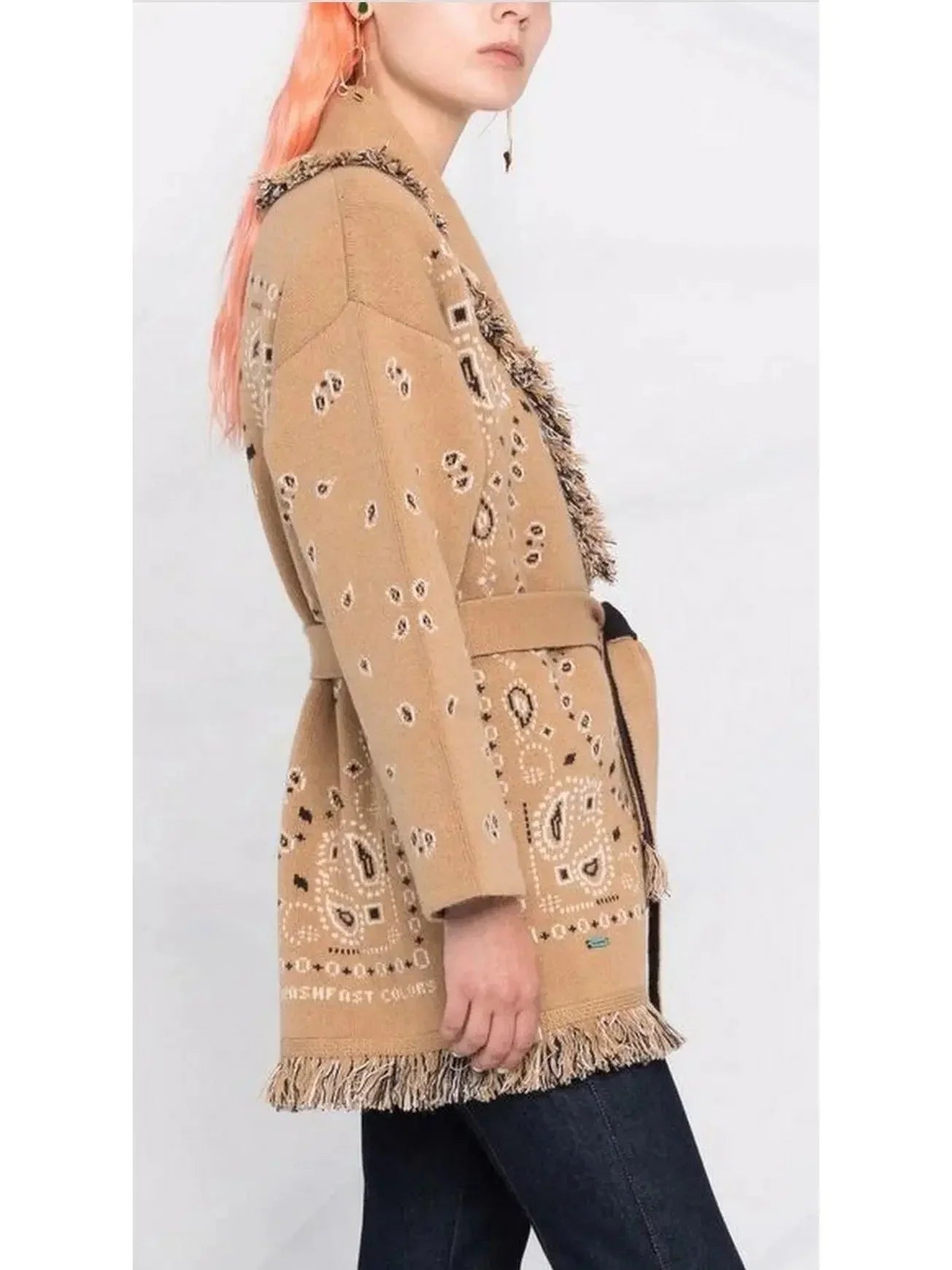 Wool Fringed Bandana Print Cardigan Camel - Sweaters & Knitwear