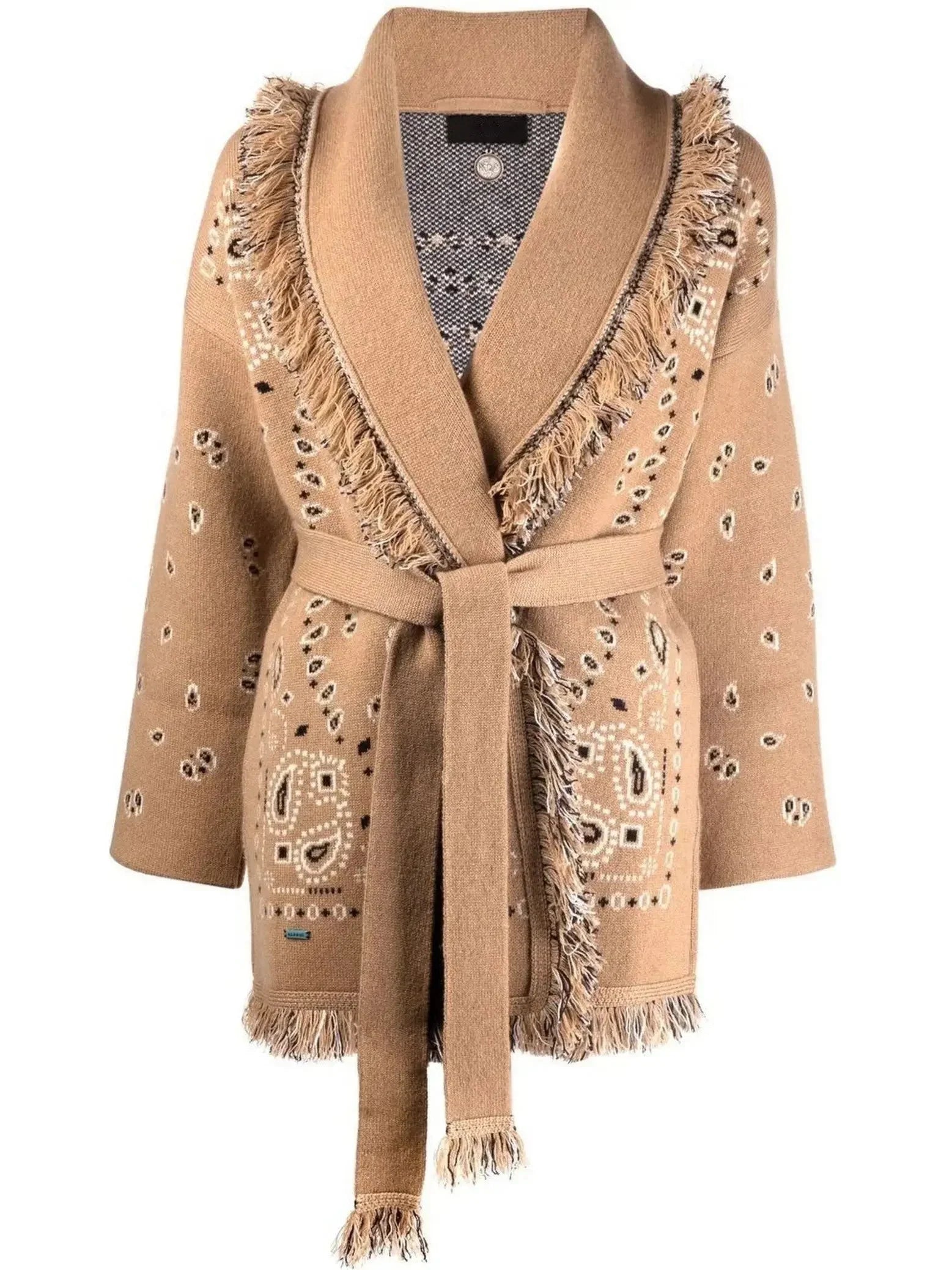 Wool Fringed Bandana Print Cardigan Camel - Sweaters & Knitwear