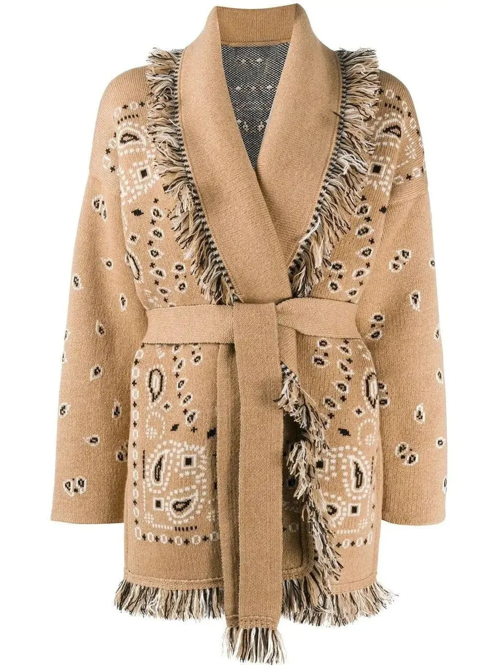 Wool Fringed Bandana Print Cardigan Camel - Sweaters & Knitwear