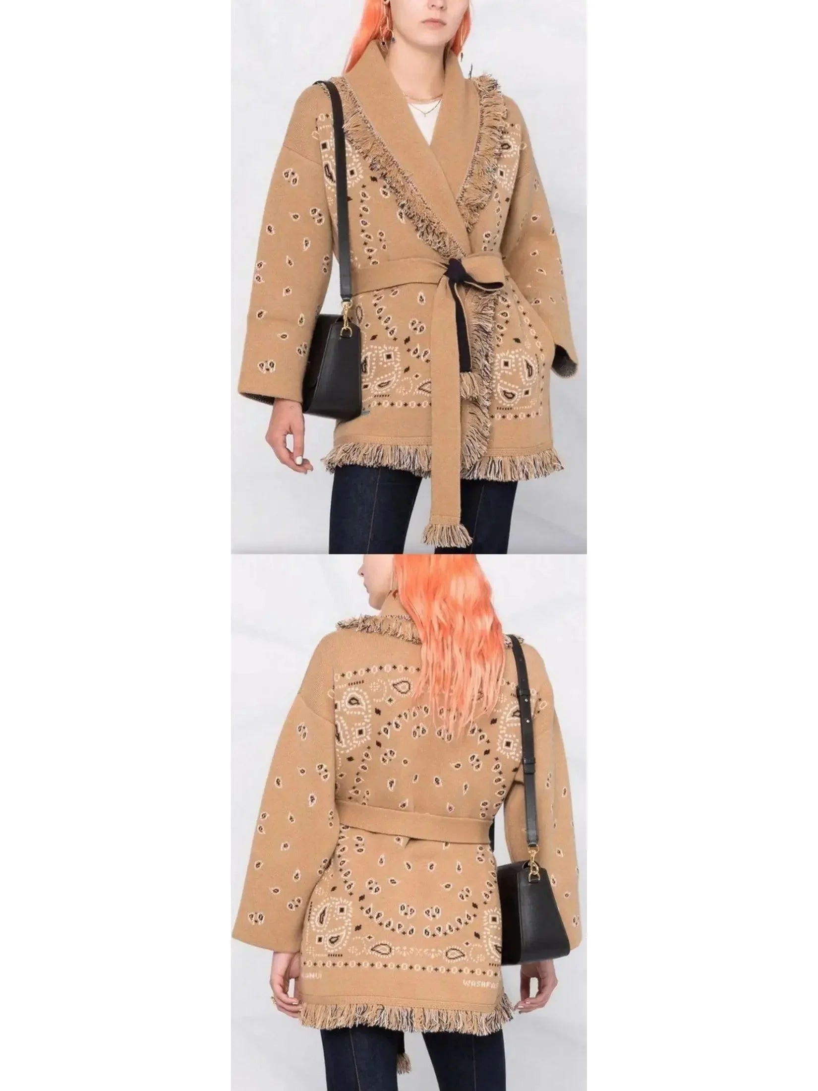 Wool Fringed Bandana Print Cardigan Camel - small - Sweaters & Knitwear