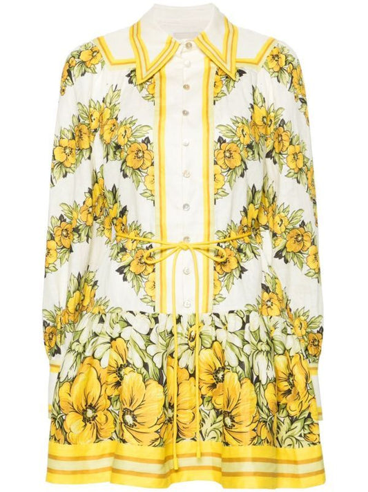 Yellow floral printed drop-waist mini dress with long sleeves and tie waist detail