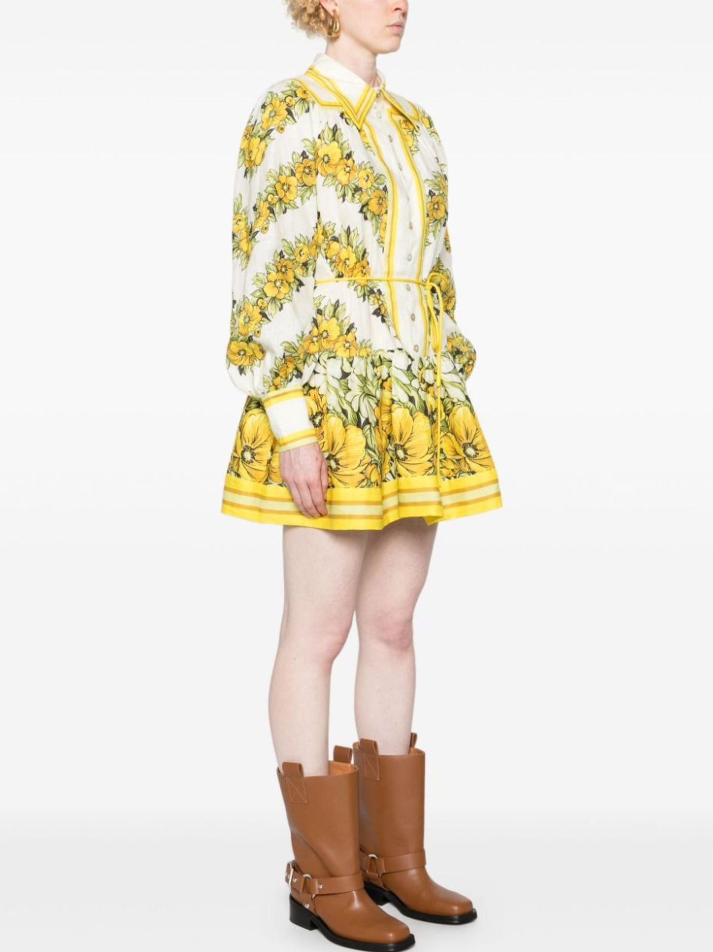 Floral-patterned long-sleeved Yellow Floral Printed Drop-Waist Mini Dress with tie waist