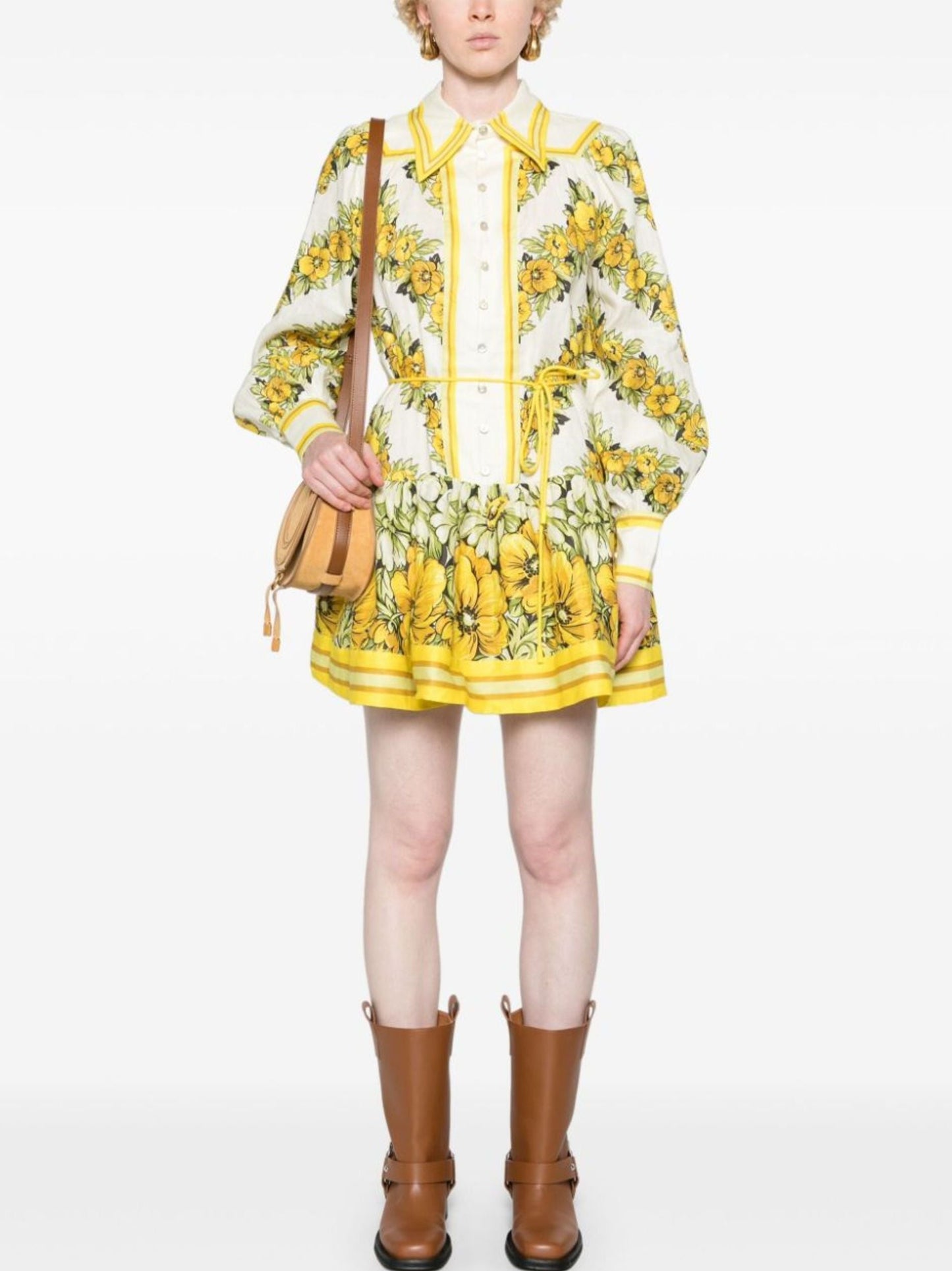 Yellow floral printed drop-waist mini dress with long sleeves and vibrant floral pattern