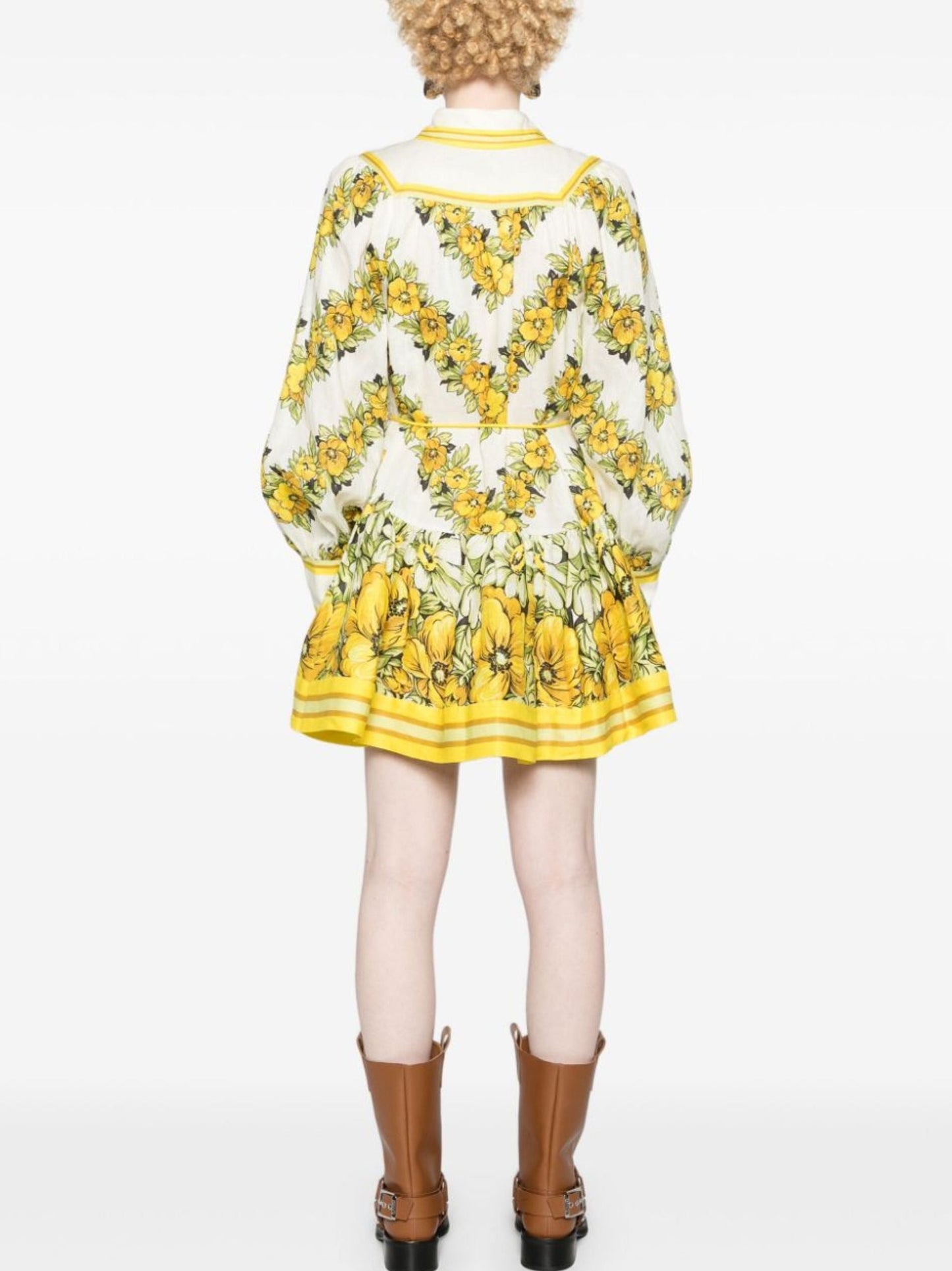 Yellow Floral Printed Drop-Waist Mini Dress featuring a vibrant floral print design