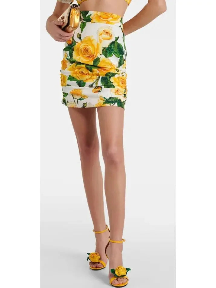 Yellow Rose Print Corset Top and Ruched Mini Skirt Set - Suits & Sets
