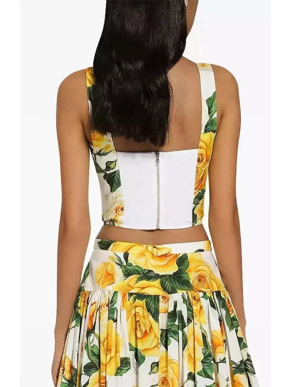 Yellow Rose Print Corset Top and Ruched Mini Skirt Set - Suits & Sets