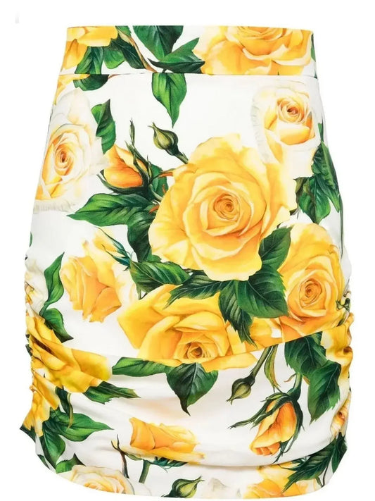 Yellow Rose Print Corset Top and Ruched Mini Skirt Set - Suits & Sets