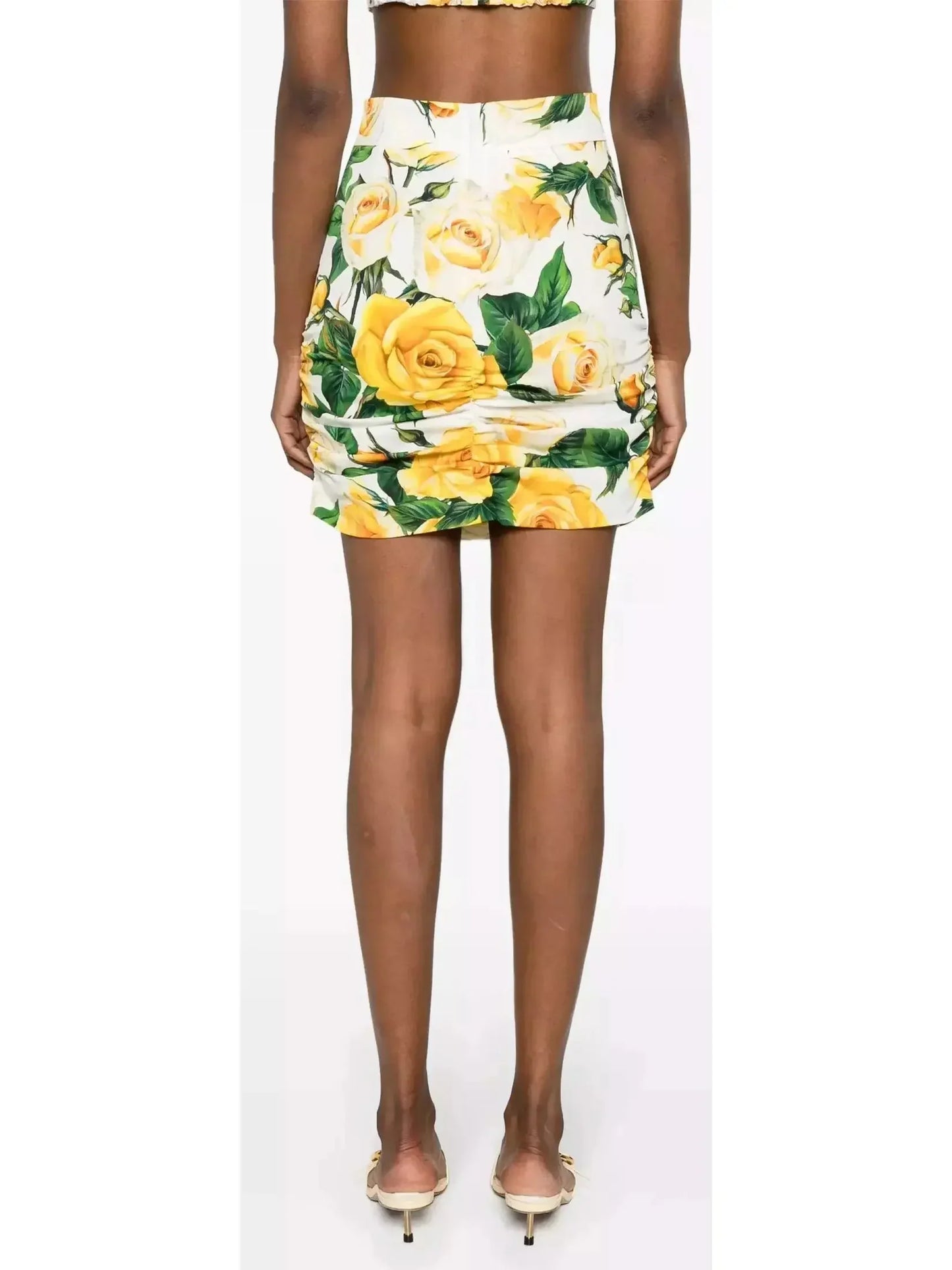 Yellow Rose Print Corset Top and Ruched Mini Skirt Set - Suits & Sets
