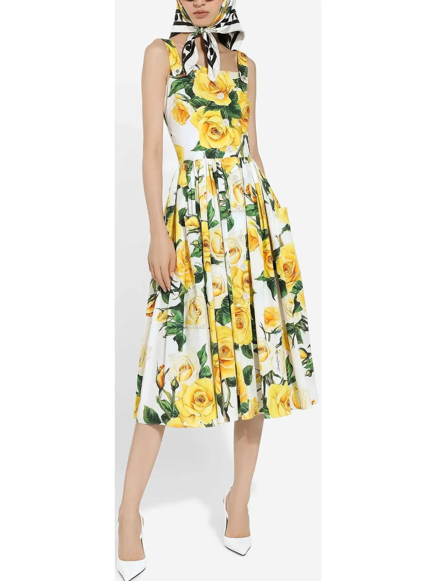 Yellow Rose Print Cotton Sundress - Dresses