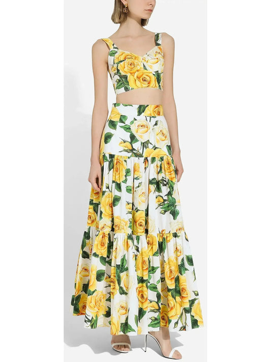Yellow Rose Print Long Ruffled Skirt - Skirts