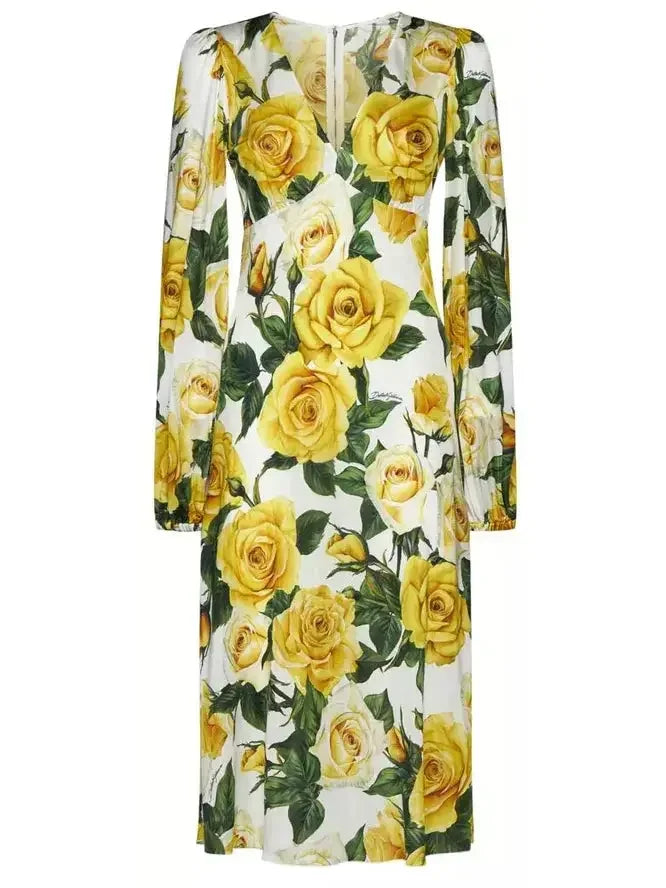 Yellow Rose Print Mid-Length Dress - Dresses