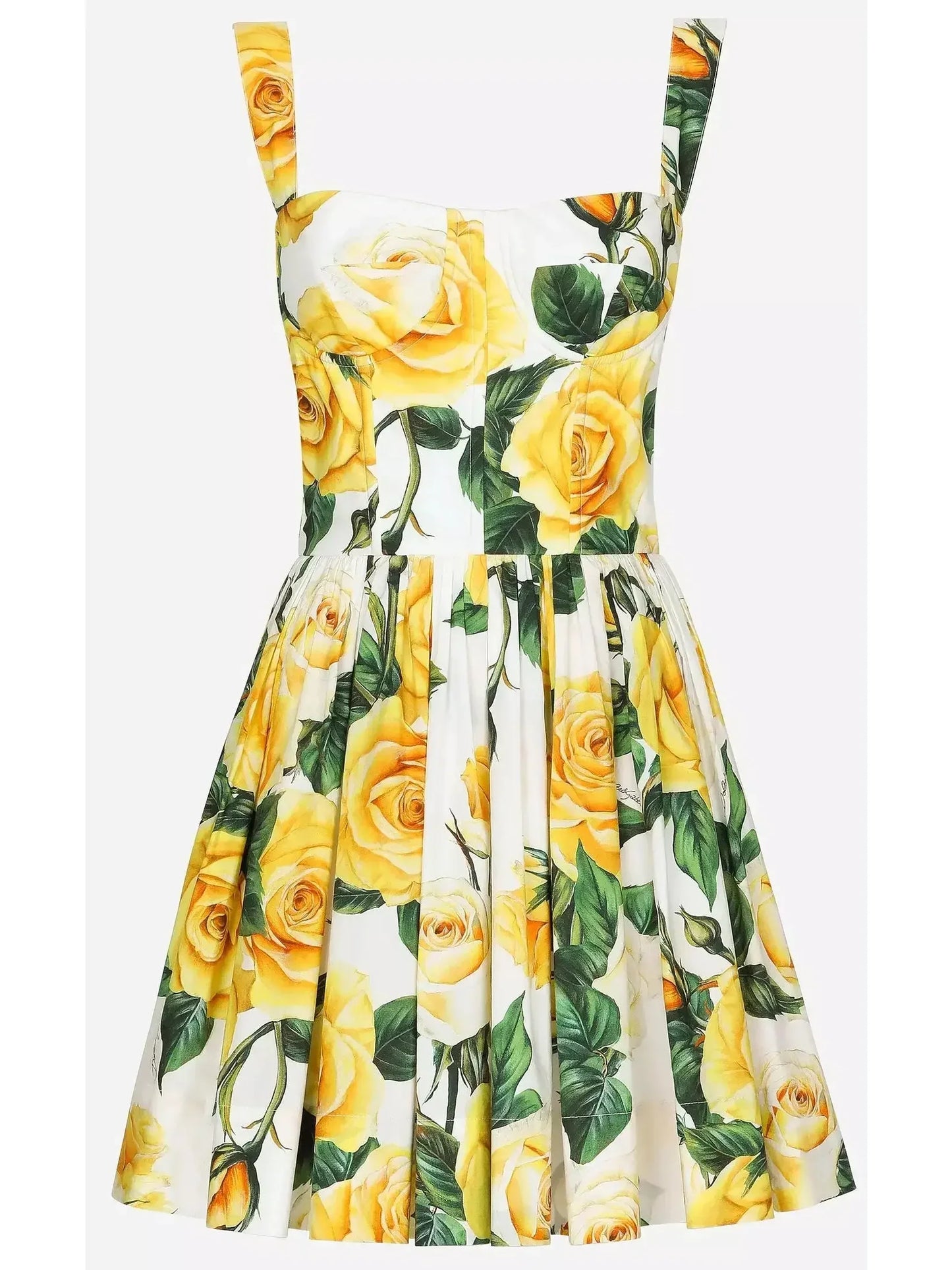 Yellow Rose Print Short Cotton Dress - Dresses