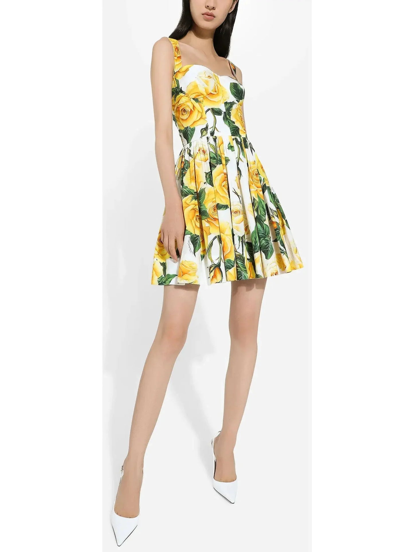 Yellow Rose Print Short Cotton Dress - Dresses