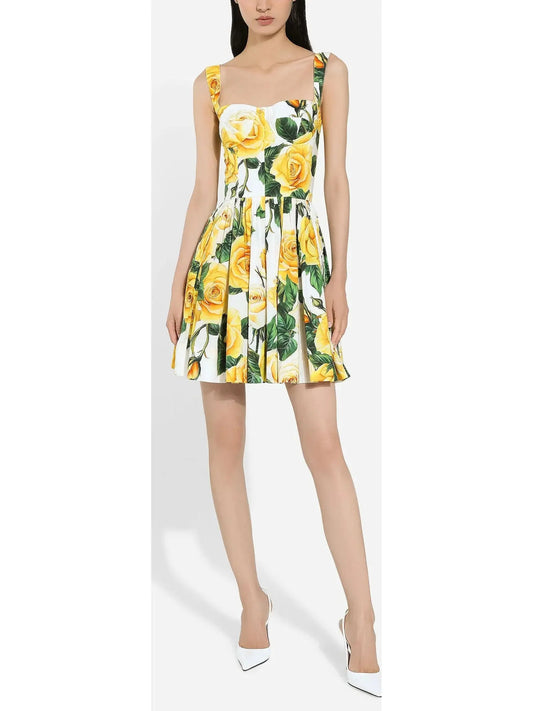 Yellow Rose Print Short Cotton Dress - Dresses