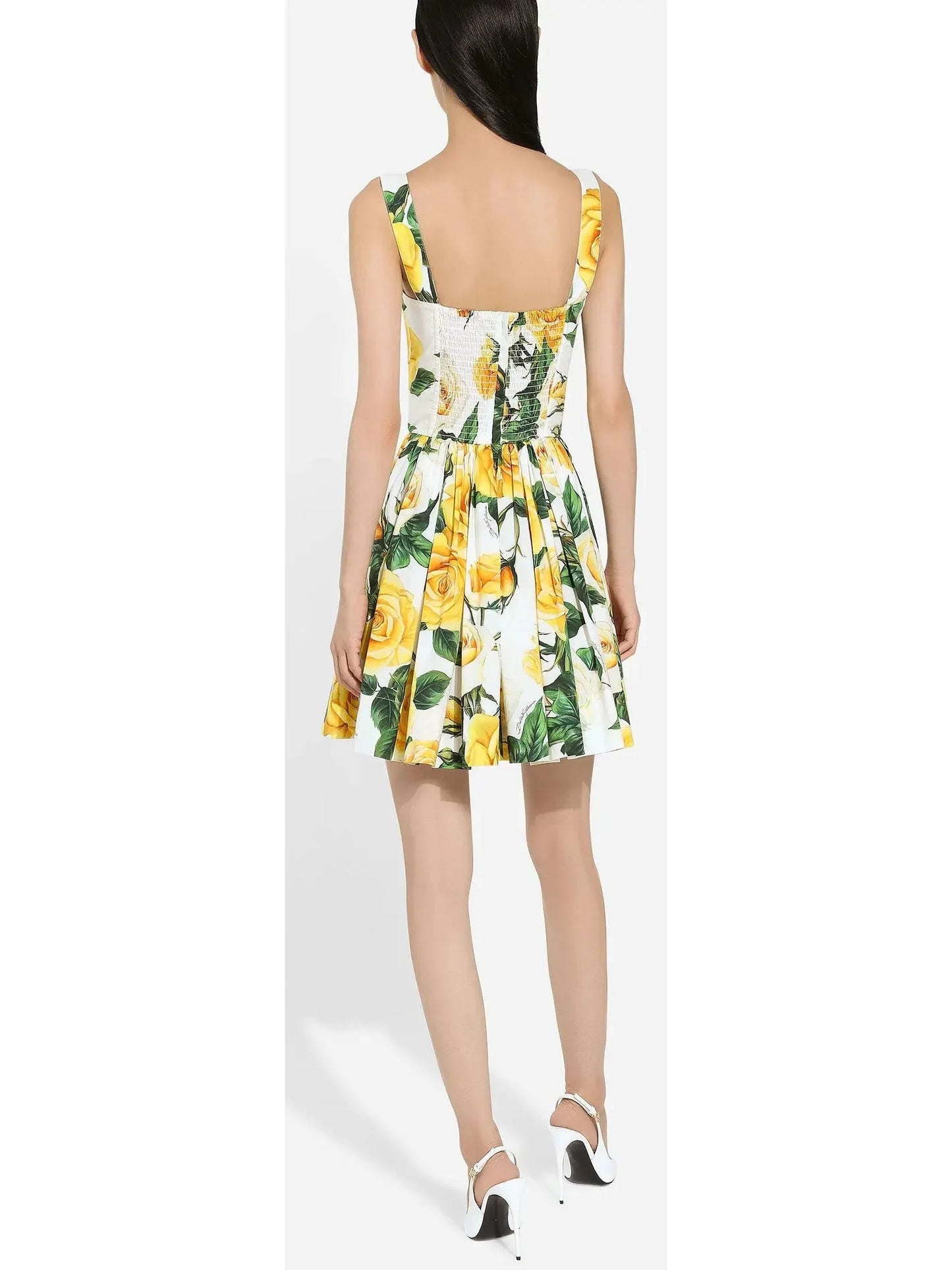 Yellow Rose Print Short Cotton Dress - Dresses