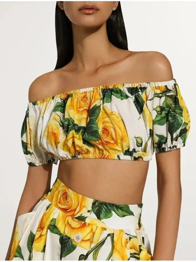 Yellow Rose Printed Bardot Neck Crop Top and Skirt Set - Suits & Sets