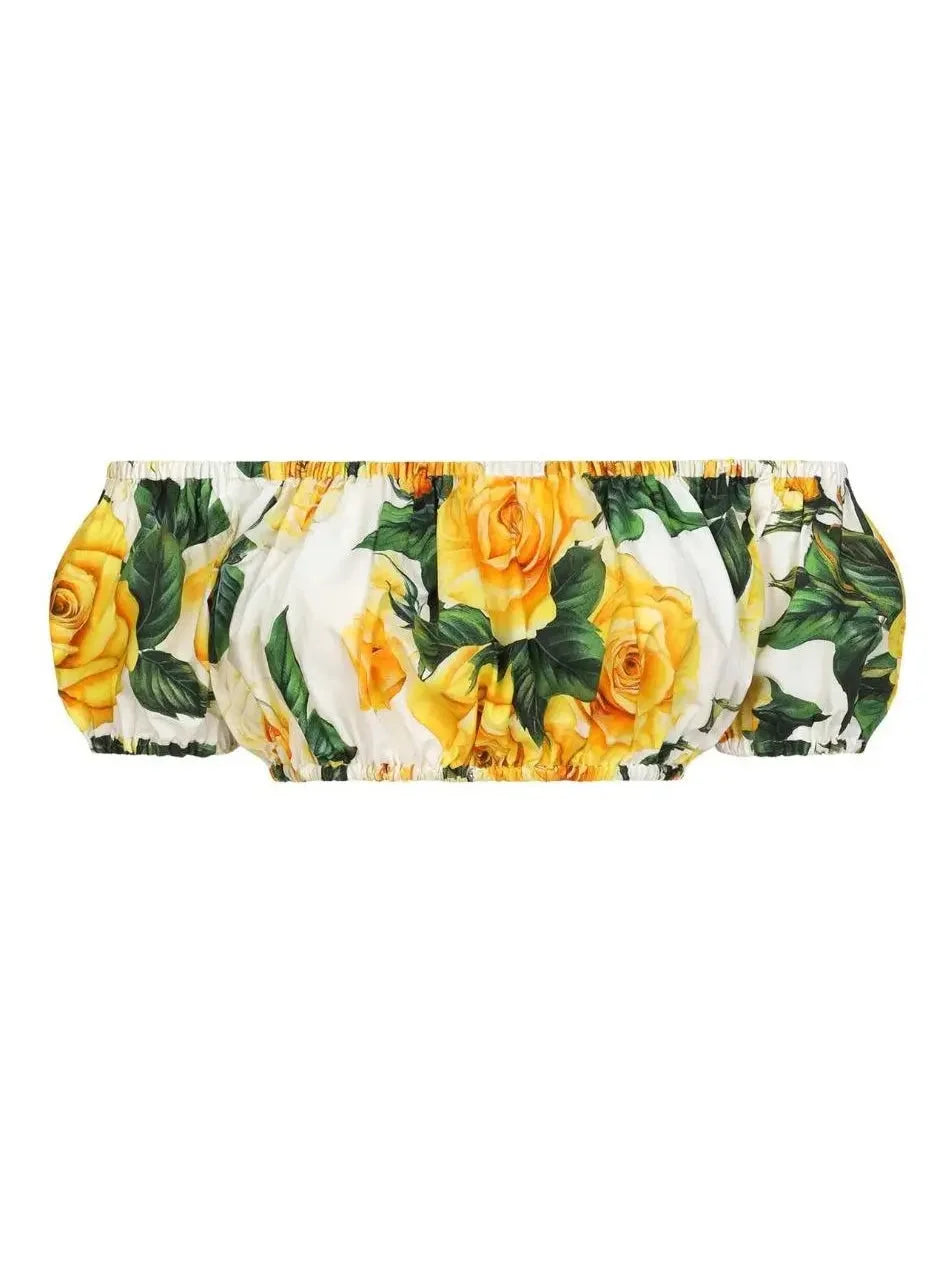 Yellow Rose Printed Bardot Neck Crop Top and Skirt Set - Suits & Sets