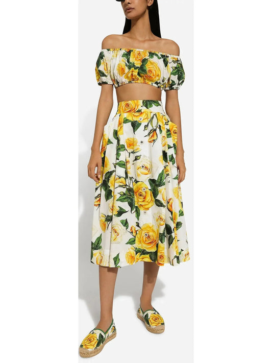 Yellow Rose Printed Bardot Neck Crop Top and Skirt Set - Suits & Sets