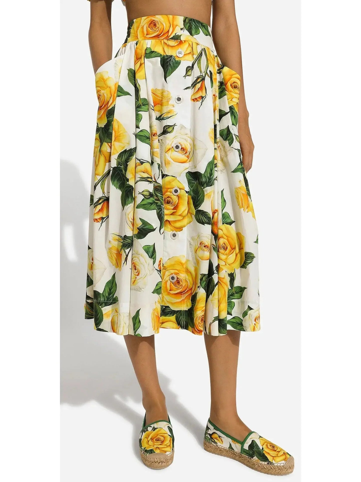 Yellow Rose Printed Bardot Neck Crop Top and Skirt Set - Suits & Sets