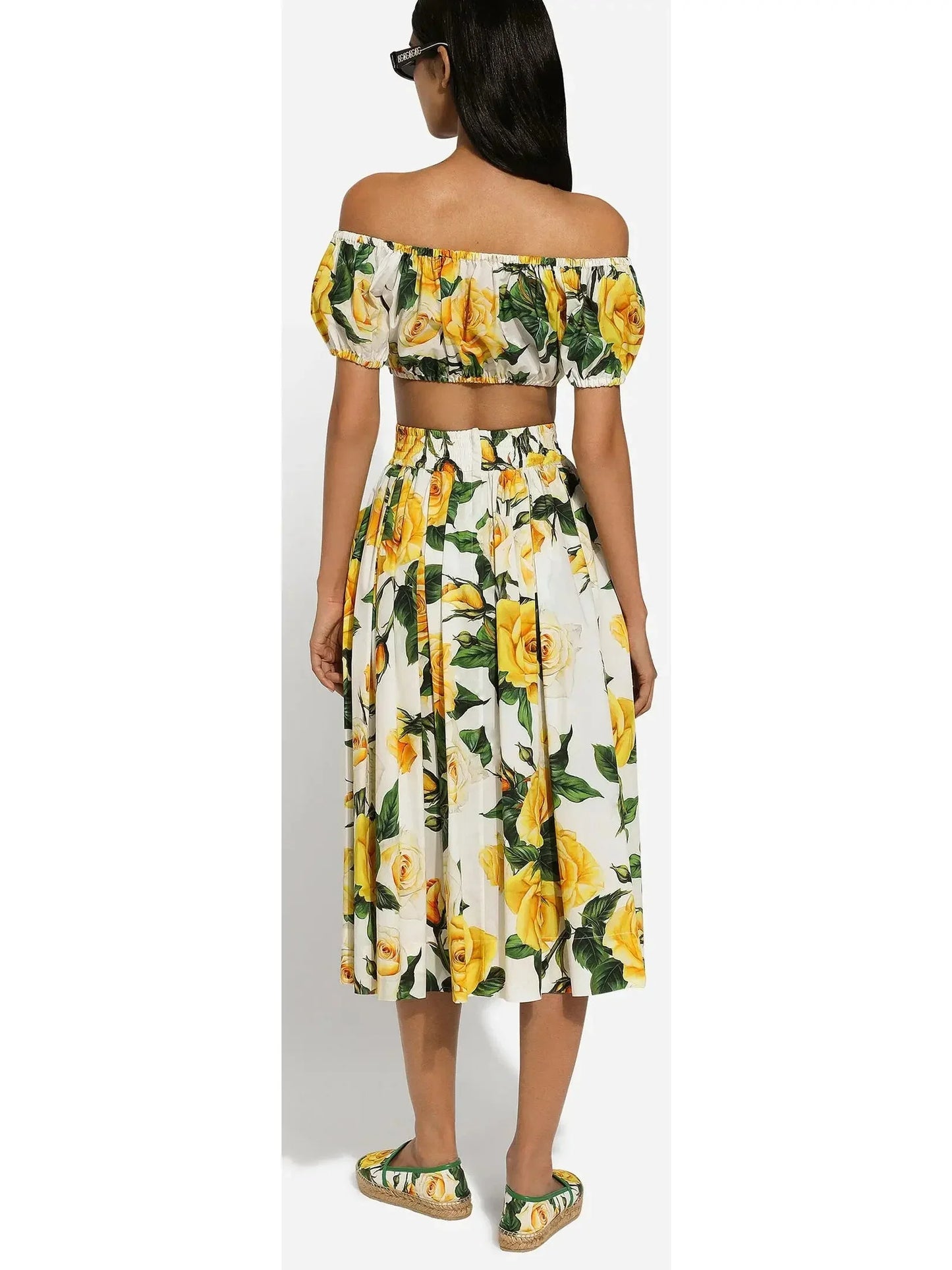 Yellow Rose Printed Bardot Neck Crop Top and Skirt Set - Suits & Sets