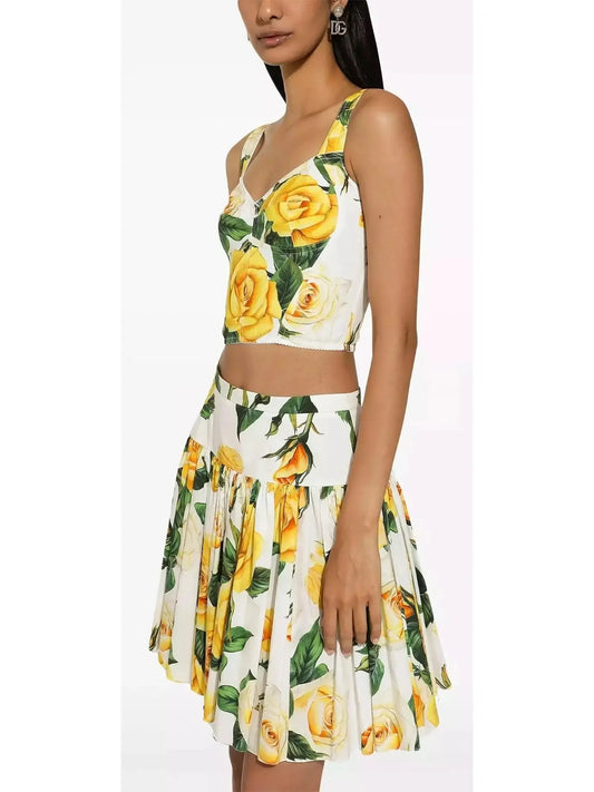 Yellow Rose Printed Cotton Corset Top and Short Circle Skirt Set - Suits & Sets