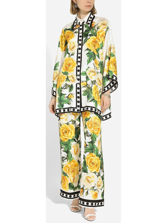 Yellow Rose Printed Oversize Silk Shirt and Pant Set - Suits & Sets