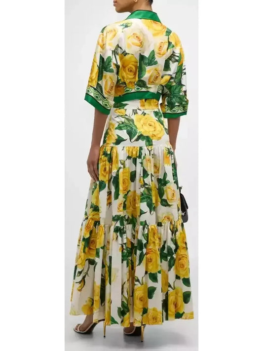 Yellow Rose Printed Silk Short Shirt and Cotton Long Skirt Set - Suits & Sets