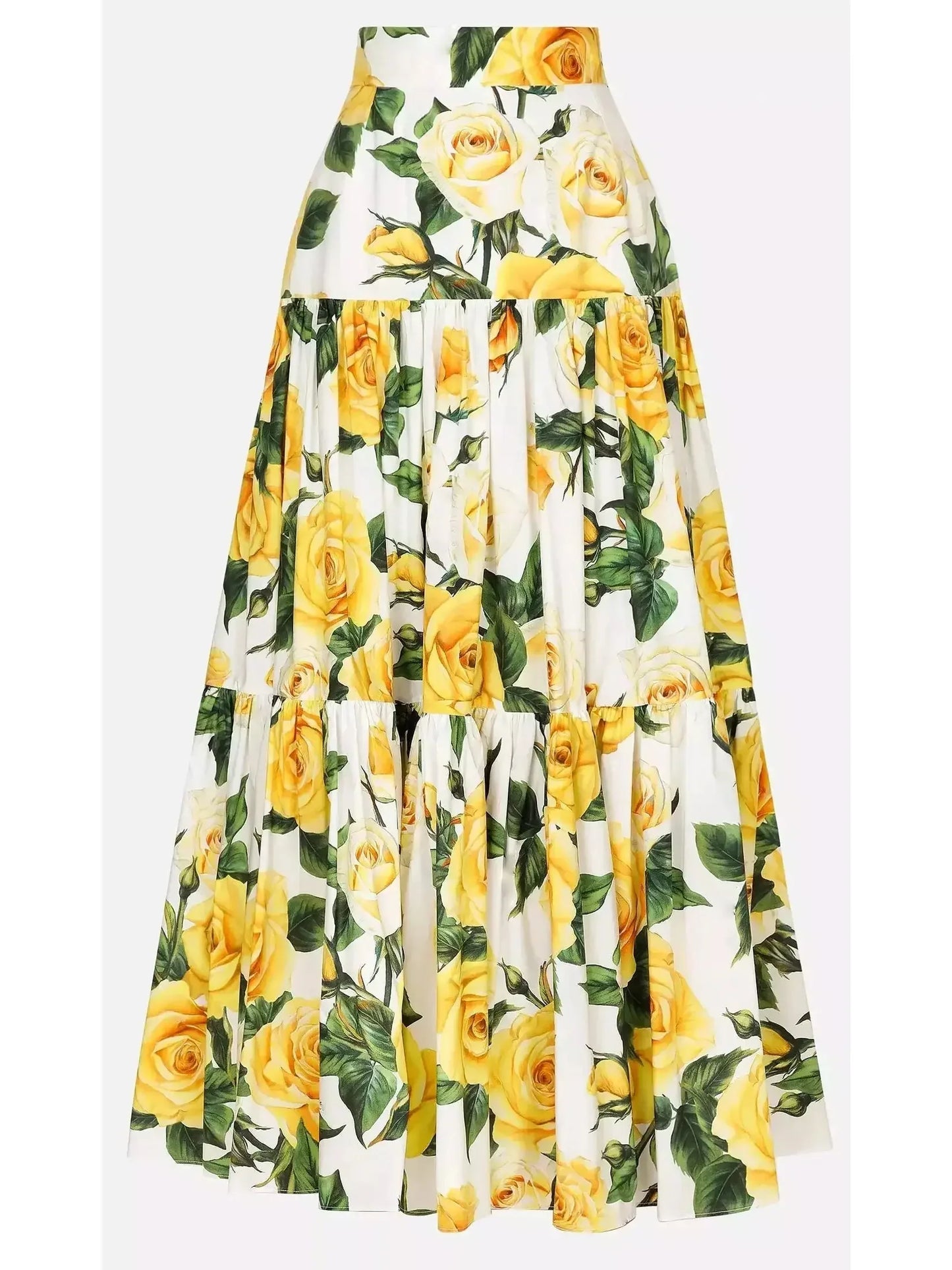 Yellow Rose Printed Silk Short Shirt and Cotton Long Skirt Set - Suits & Sets