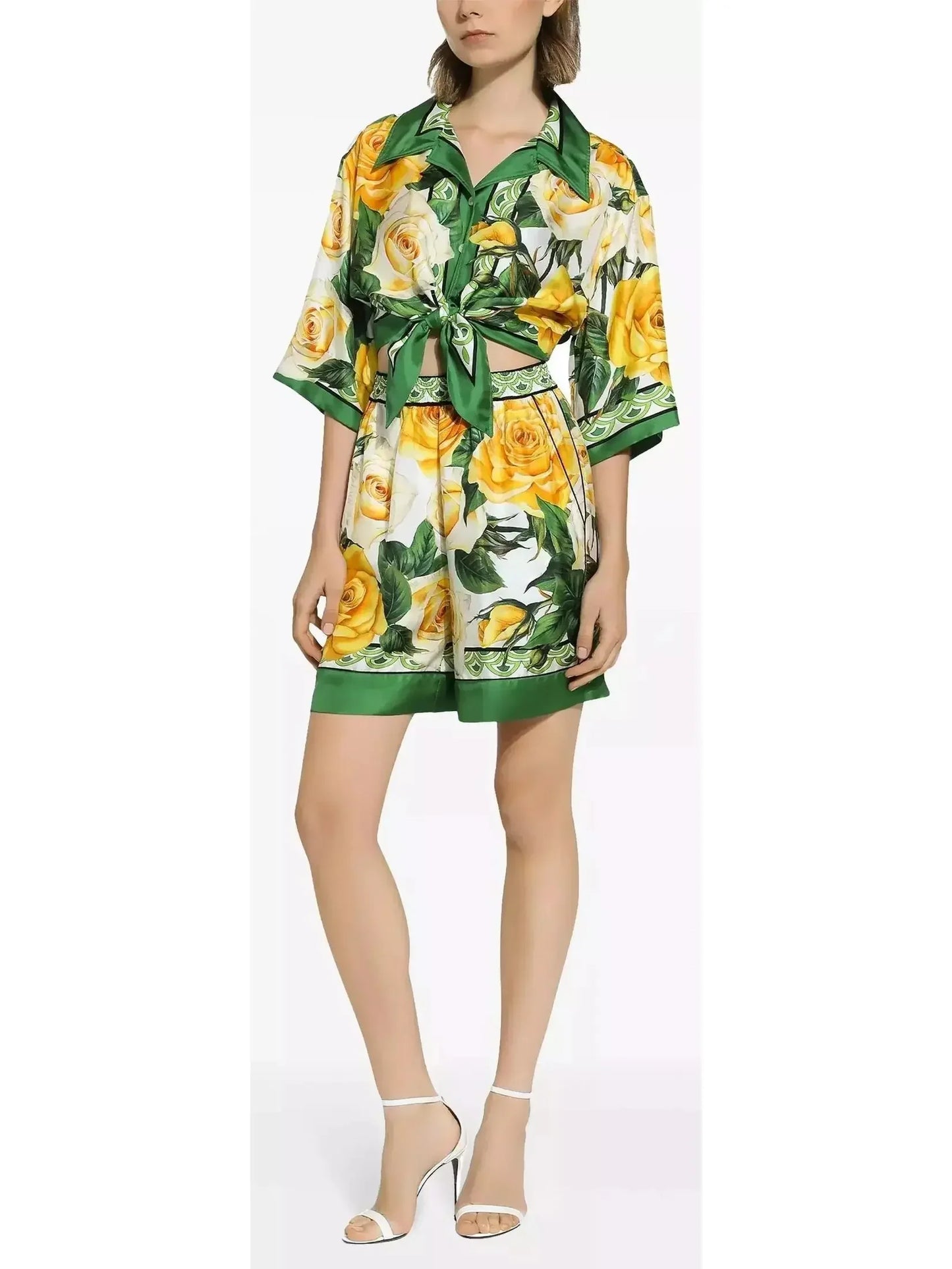 Yellow Rose Printed Silk Short Shirt and Short Set - Suits & Sets